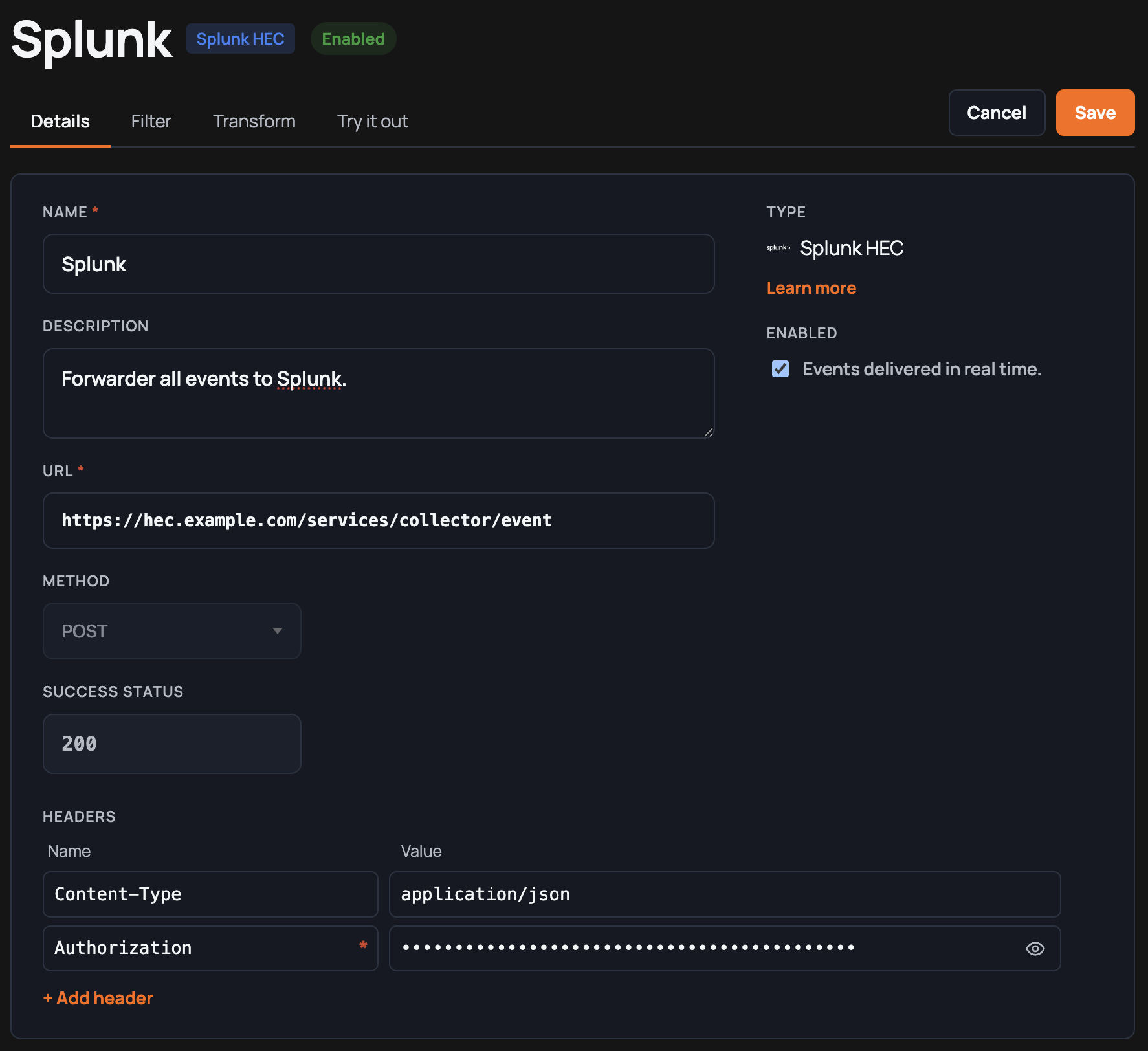 Smpl Audit forwarder configuration screen with Splunk HEC URL, headers, and an enabled toggle