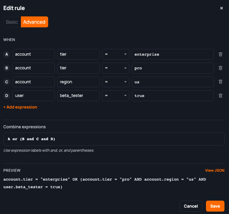 Smpl Flags advanced rule editor showing targeting conditions